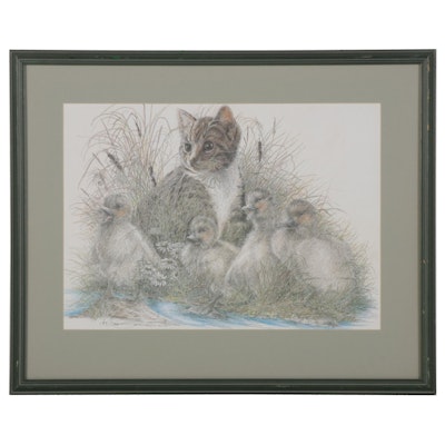Offset Lithograph of Kitten and Ducklings, Late 20th-21st Century