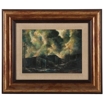Gene Janefield Flooded Landscape Oil Painting, Mid-Late 20th Century