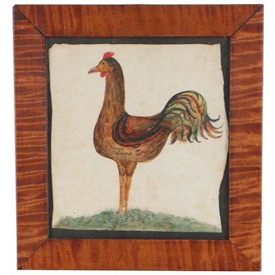 Folk Art Watercolor Painting of Rooster, Mid-20th Century
