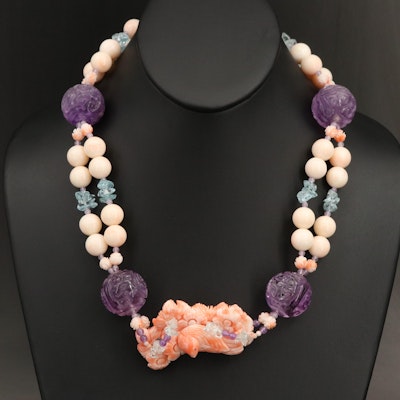 Coral, Amethyst and Gemstone Necklace Featuring Carved Longevity Beads