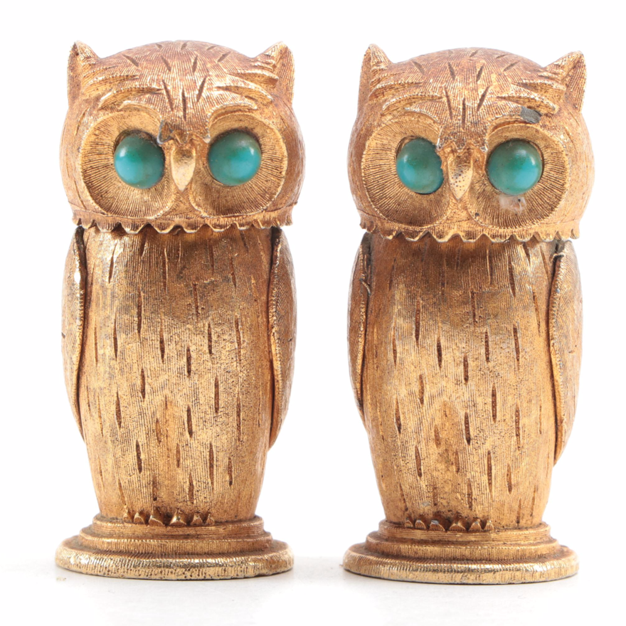 Florenza Gilt Metal Owl Table Lighters, Mid-20th Century