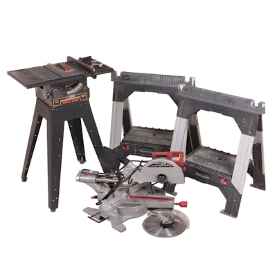 Craftsman Table Saw, Chicago 12" Miter Saw and Stanley FatMax Saw Horses