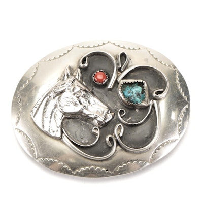 Southwestern-Style Belt Buckle with Horse Head, Wirework, Turquoise, and Coral
