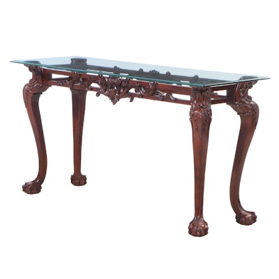 Chippendale Style Carved Mahogany Sofa Table with Glass Top