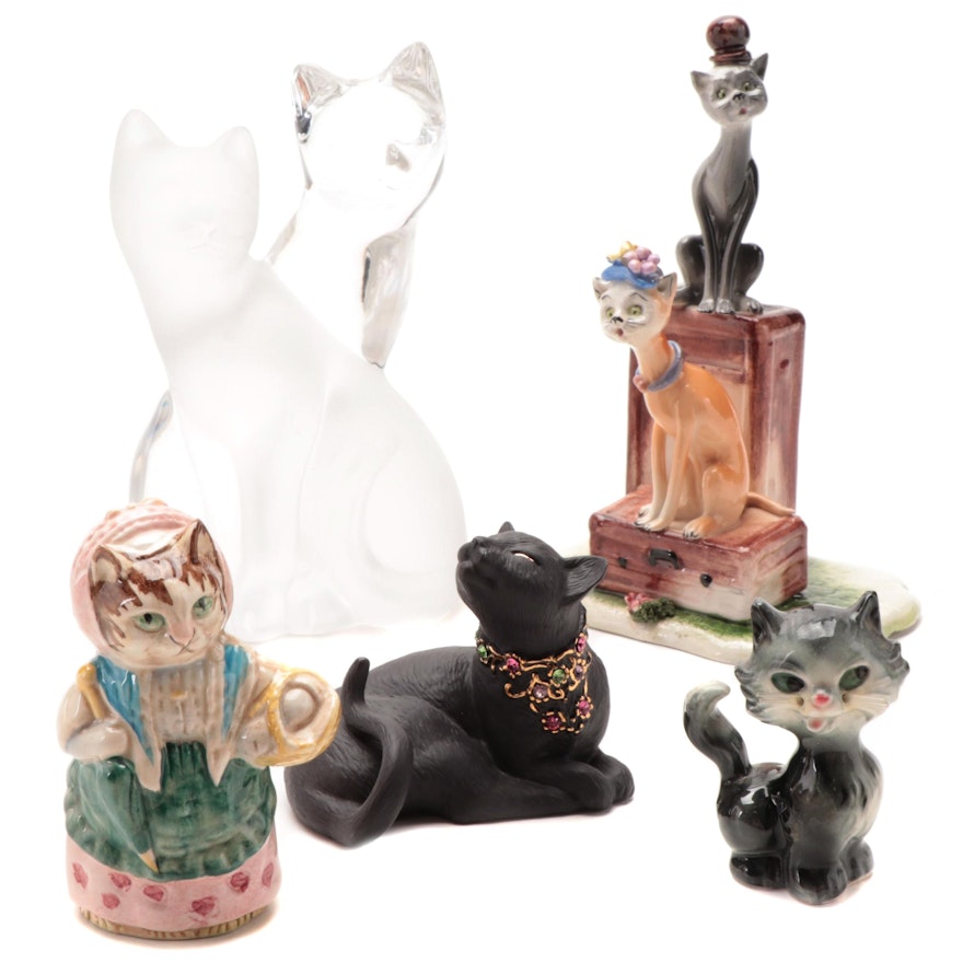 Lenox "Graceful Embrace" Crystal Figurine with Other Ceramic Cat Figurines