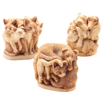 Harmony Kingdom "Fur Ball" and Other Small Cat and Dog Resin Boxes