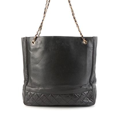 Chanel Large Shoulder Tote Bag in Black Leather with Quilted Base