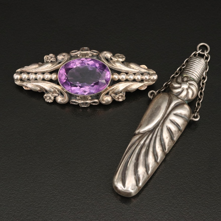 Zoltan White Sterling Amethyst Brooch with Fluted Drop Pendant