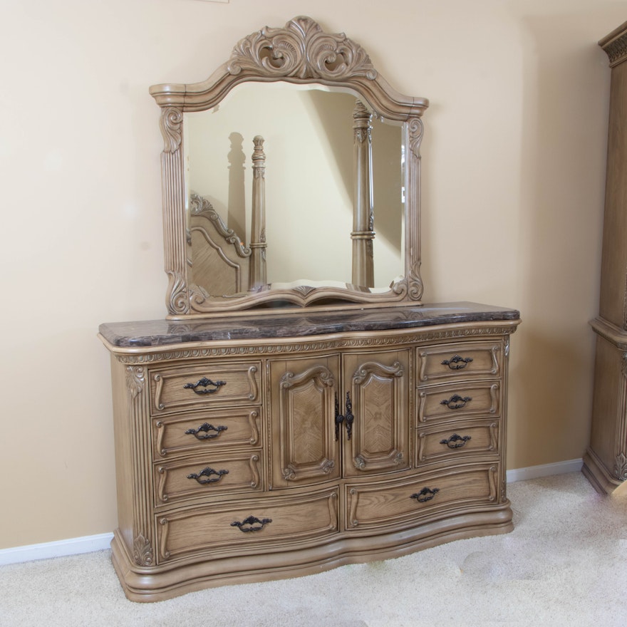 Michael Amini for AICO "Old World" Eight-Drawer Marble Top Dresser and Mirror