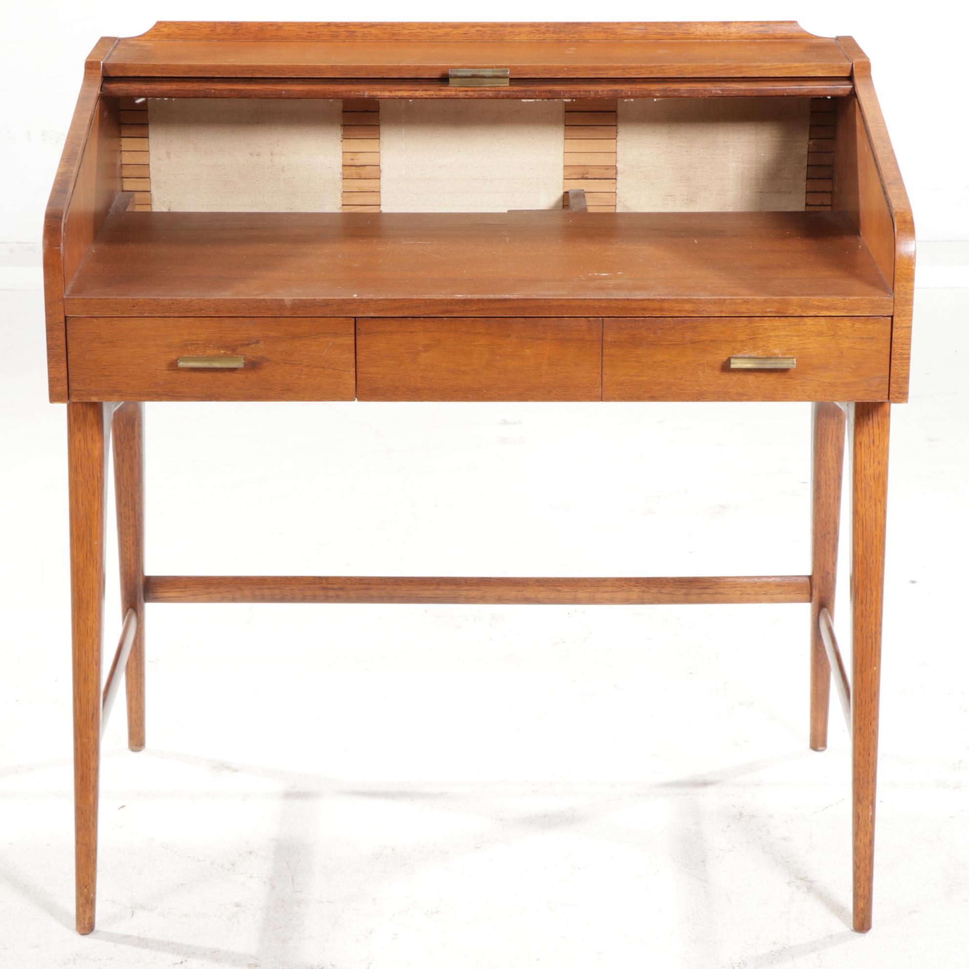 SlighLowry Mid Century Modern Walnut Tambour RollTop Writing Desk EBTH