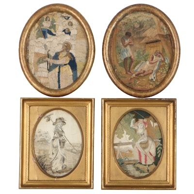 Figural Scene Mixed Media Embroidery Panels, Mid to Late 19th Century