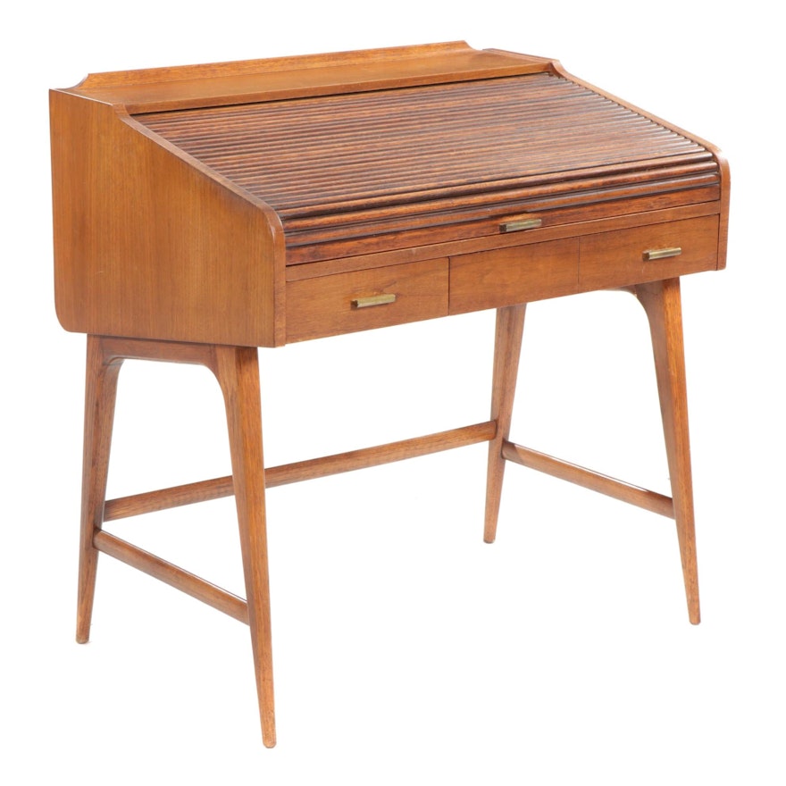 Sligh-Lowry Mid Century Modern Walnut Tambour Roll-Top Writing Desk
