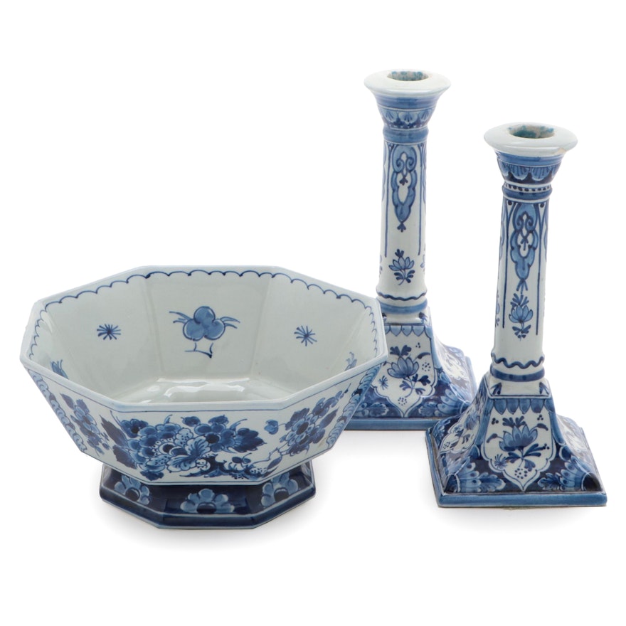 Delft Blue and White Porcelain Candlesticks and Bowl, Late 20th Century