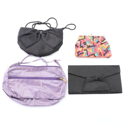 Purple Leather and Black Fabric Crossbodies, Black Satin Clutch, Kisslock Pouch