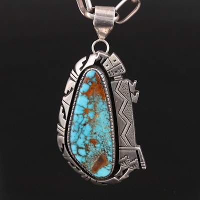 Signed Southwestern Sterling Turquoise Pendant Necklace