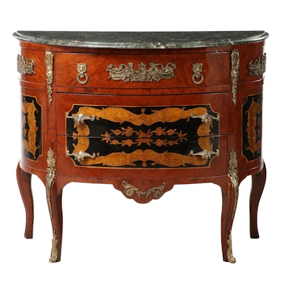 Louis XV Style Marquetry and Cast Brass Commode with Marble Top