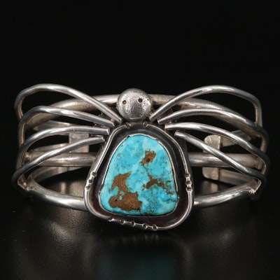 Artisan Signed Sterling Turquoise Spider Bracelet