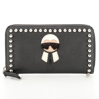 Fendi Karlito Zip-Around Wallet in Studded Black Saffiano Leather