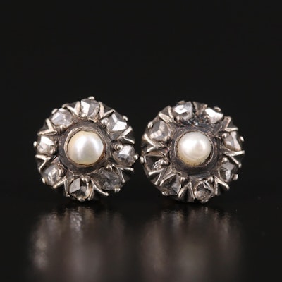 Antique Sterling and 14K Seed Pearl and Diamond Stud Earrings