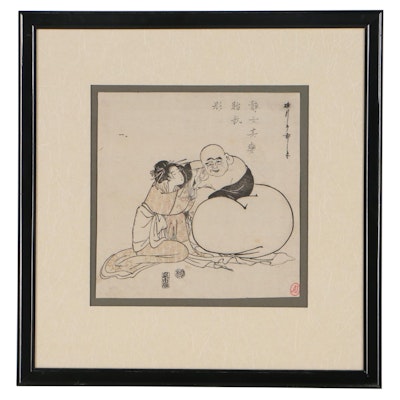 Chôkyôsai Eiri Woodblock "Woman Cleaning Ear of Hotei," Circa 1800