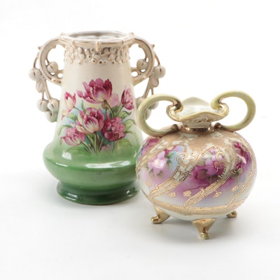 Austrian and Continental Gilt Accented Double Handled Porcelain Vessels