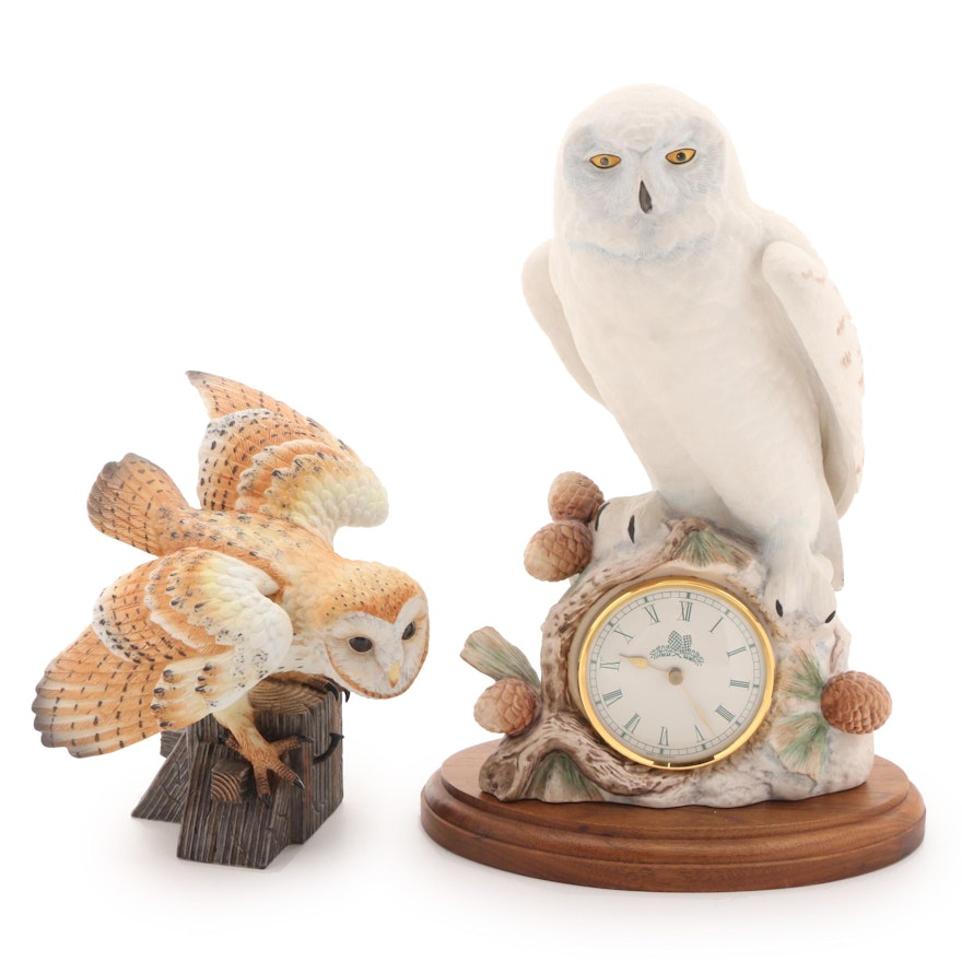Lenox "Barn Owl" and Franklin Mint "Snowy Owl" Figurine and Figurine Clock