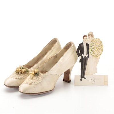 Embellished Ivory Satin Pumps and Cut-Out Paper Wedding Dolls