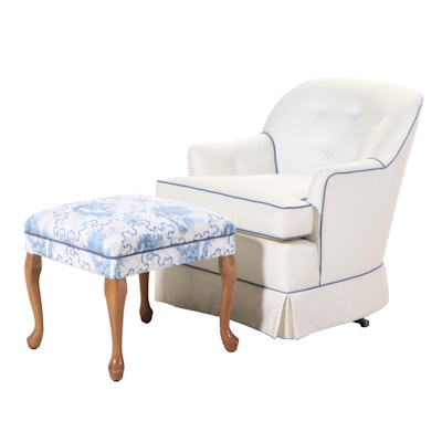 Blue Trimmed Upholstered Rocking Lounge Chair with Toile Covered Ottoman