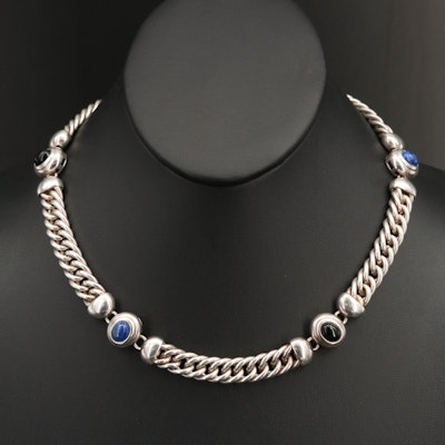 Italian Sterling Lapis Lazuli and Black Onyx Station Necklace