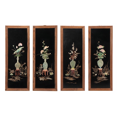 Chinese Black Lacquer Panels with Stone Inlay of Floral Arrangements