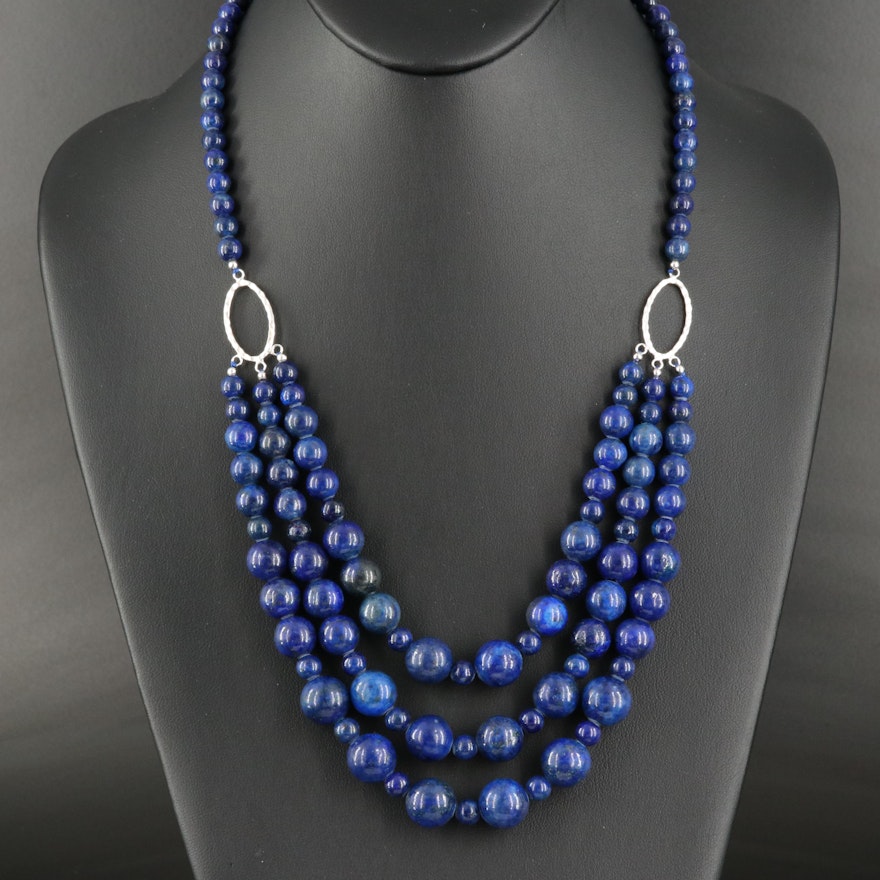Sterling Lapis Lazuli Triple Strand Necklace