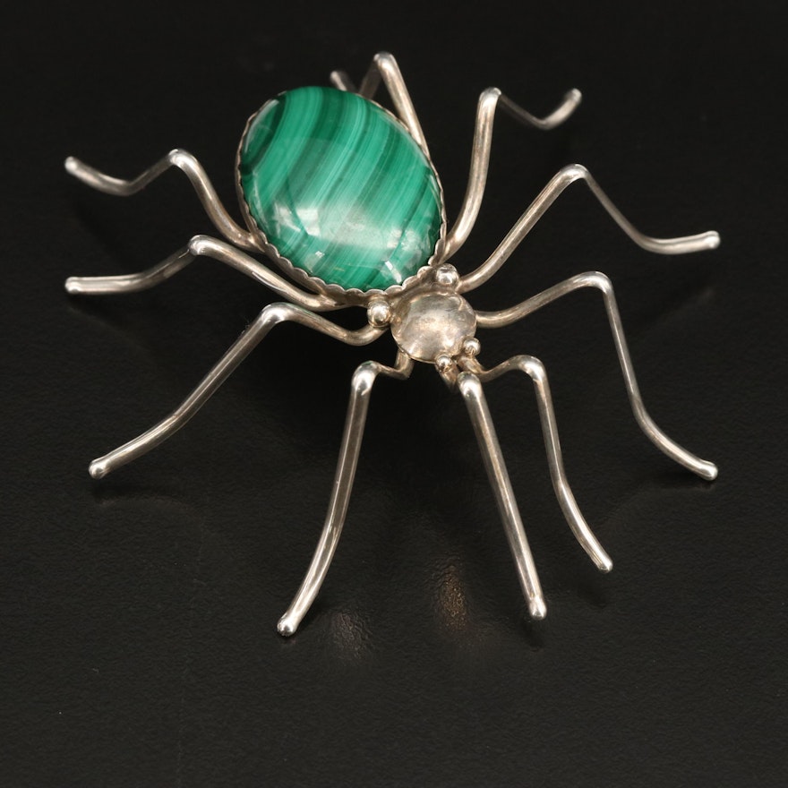 E. Spencer Navajo Diné Sterling Malachite Spider Brooch