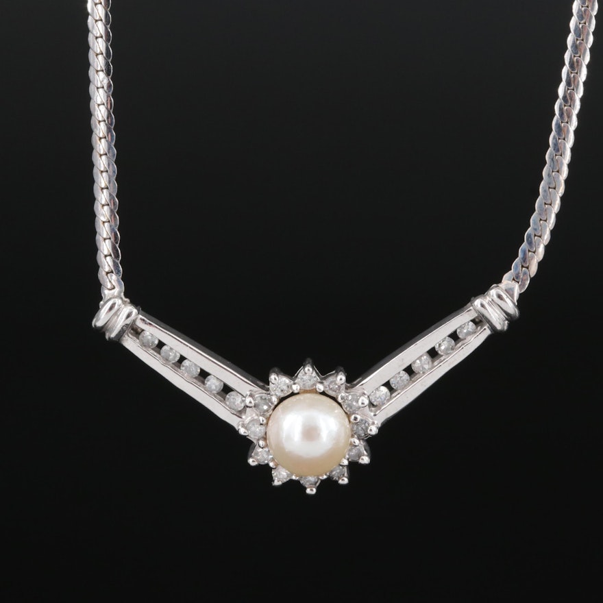 14K Pearl and Diamond Chevron Necklace