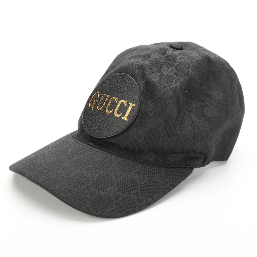 Gucci Baseball Cap in Black GG Canvas with Leather Logo Patch