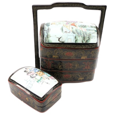Chinese Lacquerware and Shard Porcelain Wedding Box and Trinket Box