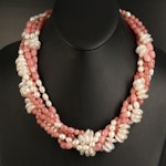 Pearl and Rhodochrosite Multi-Strand Necklace with 14K Clasp