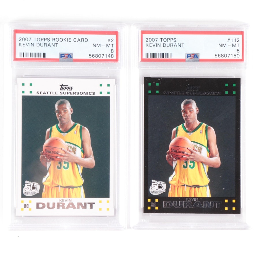 2007 Topps Kevin Durant #2 and #112 Rookie PSA 8 Basketball Cards