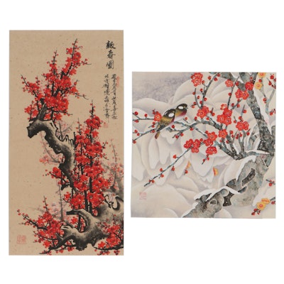 Chinese Watercolor Paintings of Blossoming Trees and Birds