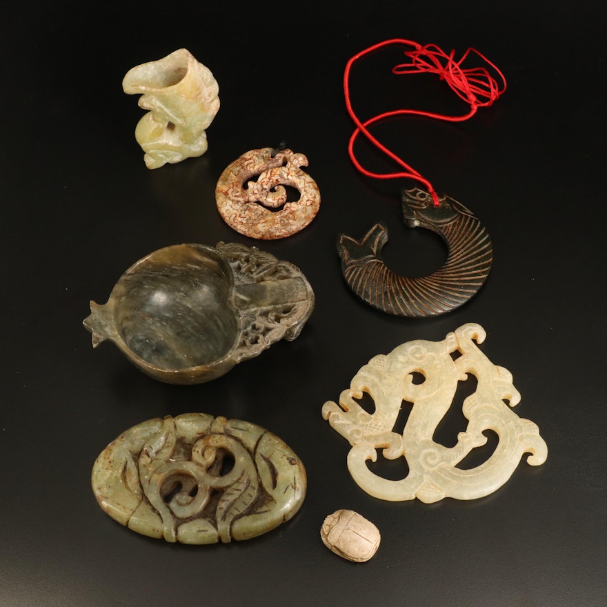 Chinese Carved Serpentine, Jasper and Ceramic Amulets, Brush Bowl and More
