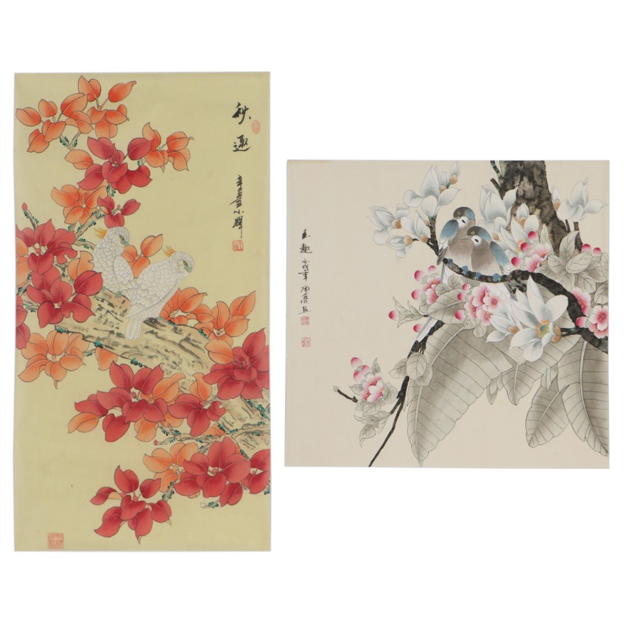Chinese Ink and Watercolor Paintings of Birds and Flowers