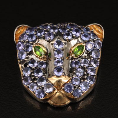 Sterling Diopside and Tanzanite Feline Pendant