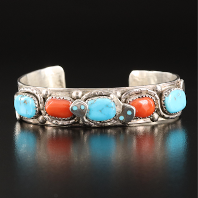 Effie Calavaza Zuni Sterling Turquoise and Coral Cuff