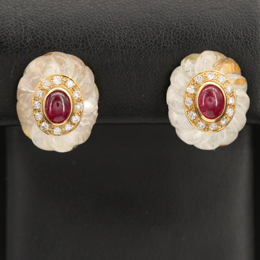 14K Ruby, Rock Quartz Crystal and Diamond Earrings