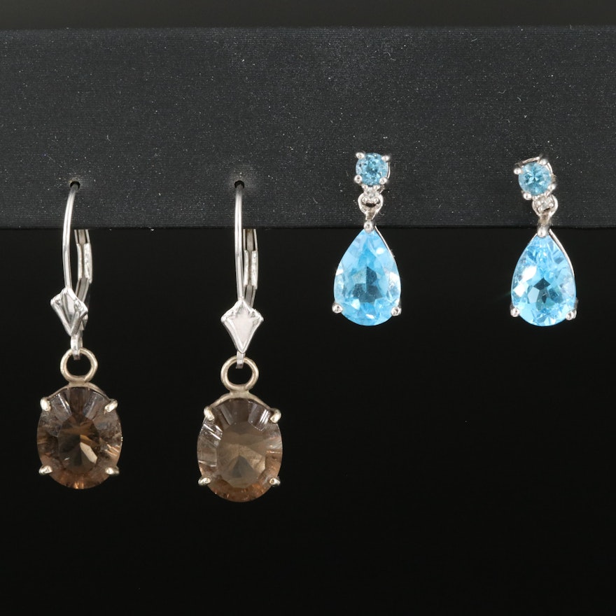 10K Swiss Blue Topaz and Diamond Earrings and 14K Smoky Quartz Earrings