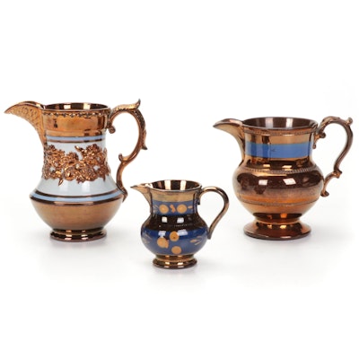 English Copper Lusterware Ceramic Pitchers, Mid to Late 19th Century