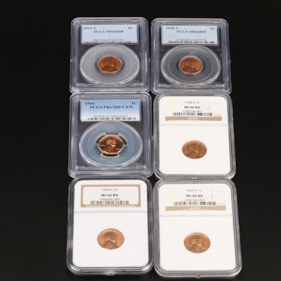 Six Graded Lincoln Cents Including an NGC MS66RD 1938-S