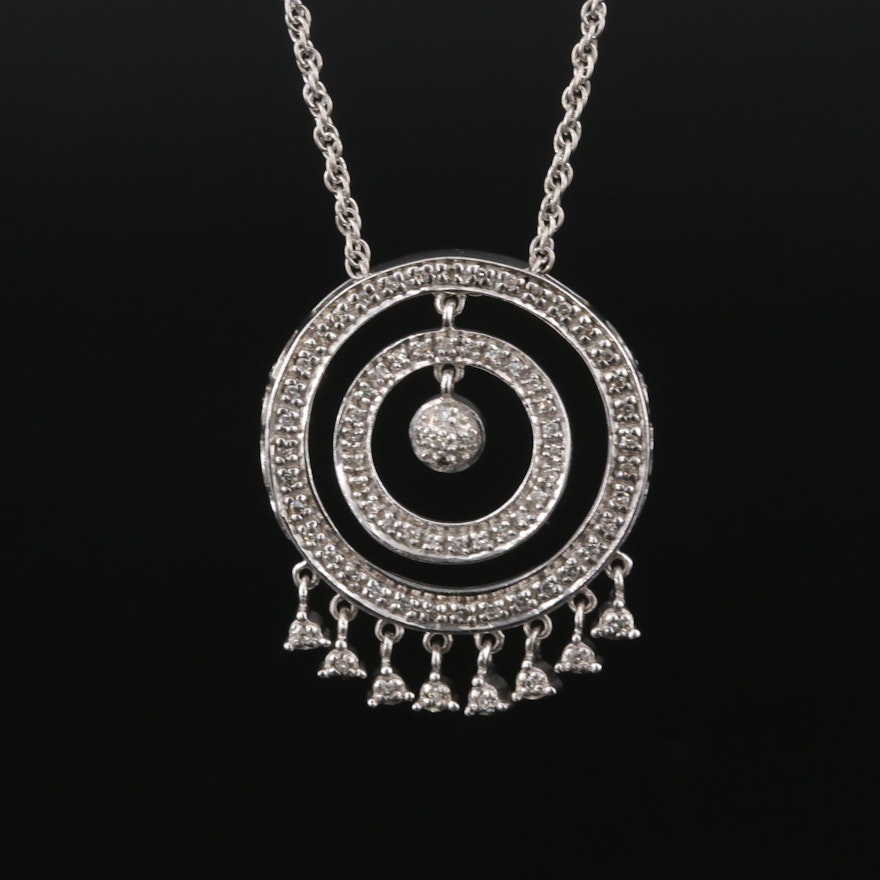 Sterling Diamond Concentric Circle Pendant Necklace with Dangles