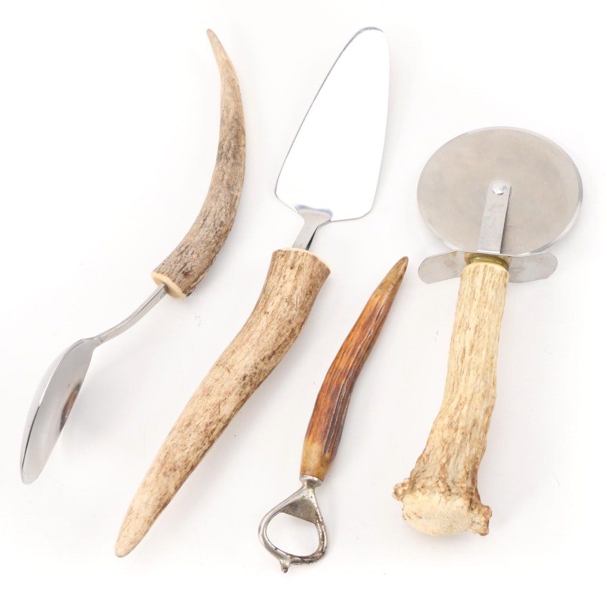 Antler Handled Serving Spoon, Bottle Opener, Pie Server and Pizza Cutter