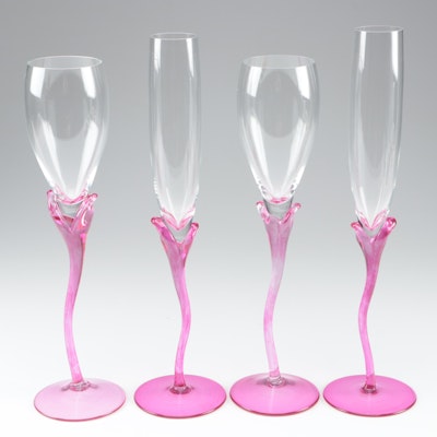 Art Glass Champagne Flutes with Pink Floral Stems