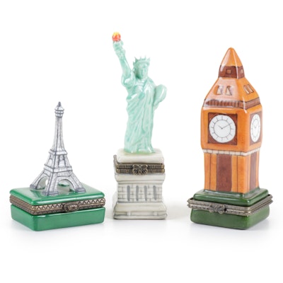 Hand-Painted Big Ben, Eiffel Tower and Statue of Liberty Porcelain Trinket Boxes